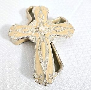 Cloisonne Enamel  Trinket Box Cross Faux Pearl Embellished Keepsake Rosary READ